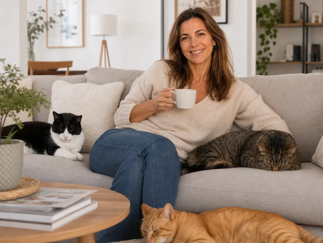 Een ontspannen vrouw op de bank, een kopje koffie in haar hand, haar drie katten rustig om haar heen