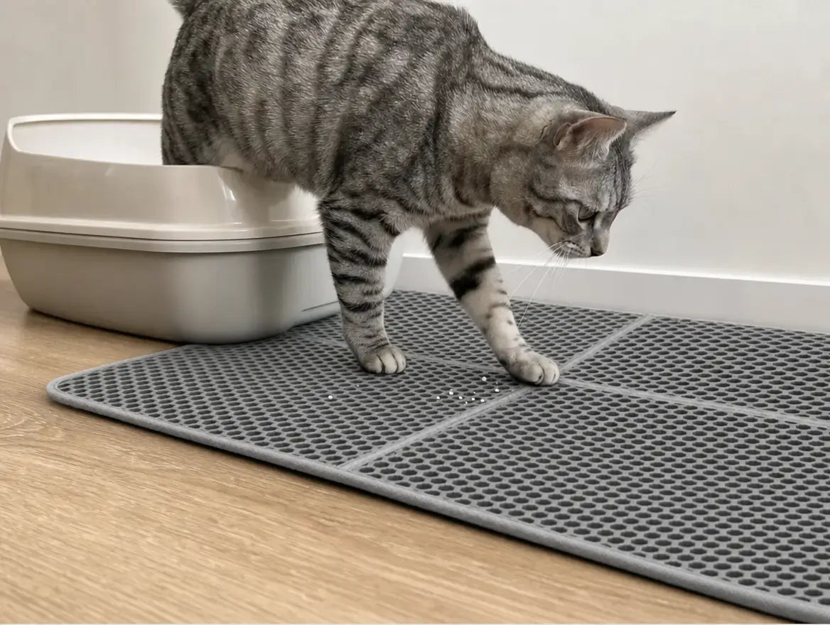 Kat stapt uit de kattenbak op een XL-mat met een paar opgevangen korrels