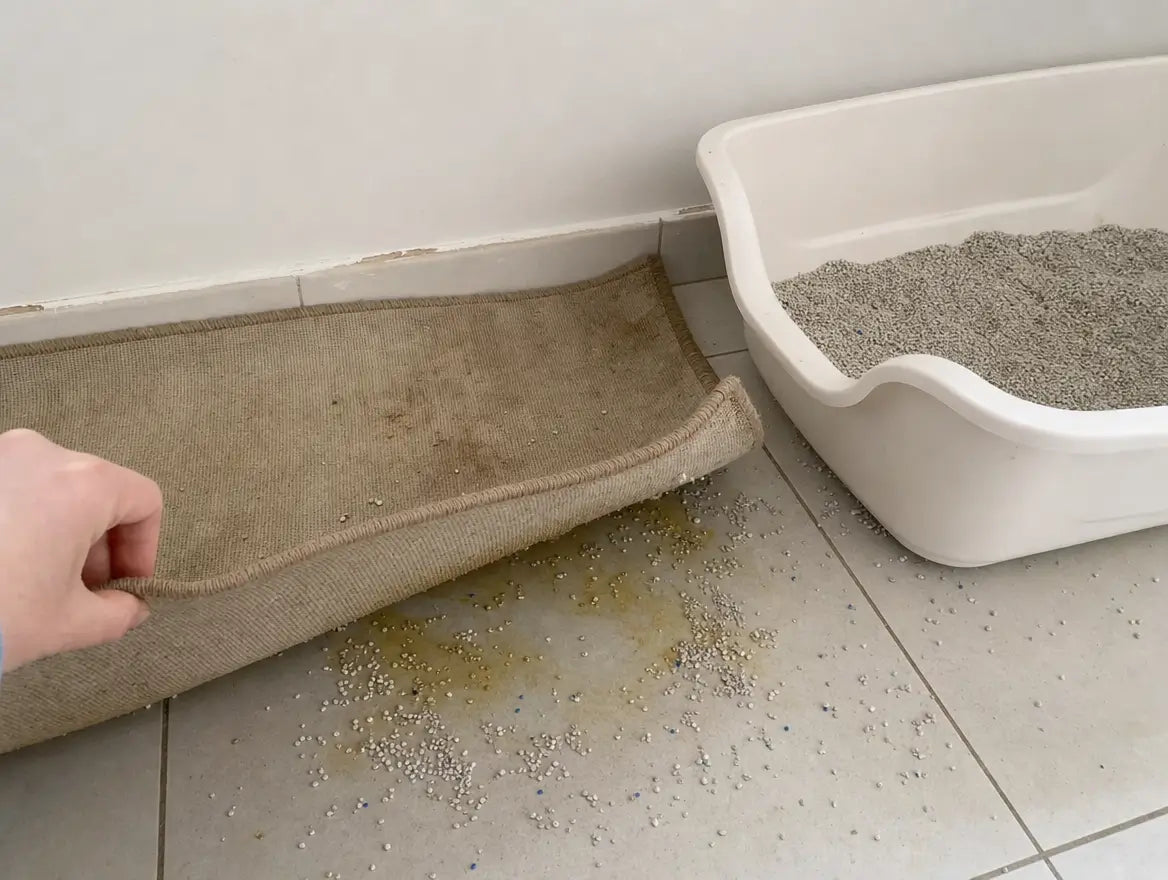 Hand tilt een oude vieze stoffen mat op, met korrels en een vochtige plek eronder