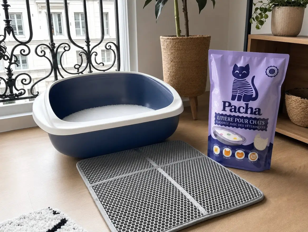 Kattenbak, XL-mat en zak Pacha-vulling samen geplaatst in een appartement
