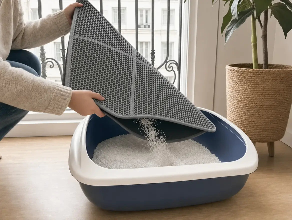 Hand schudt de XL-mat boven de kattenbak uit, korrels vallen erin terug